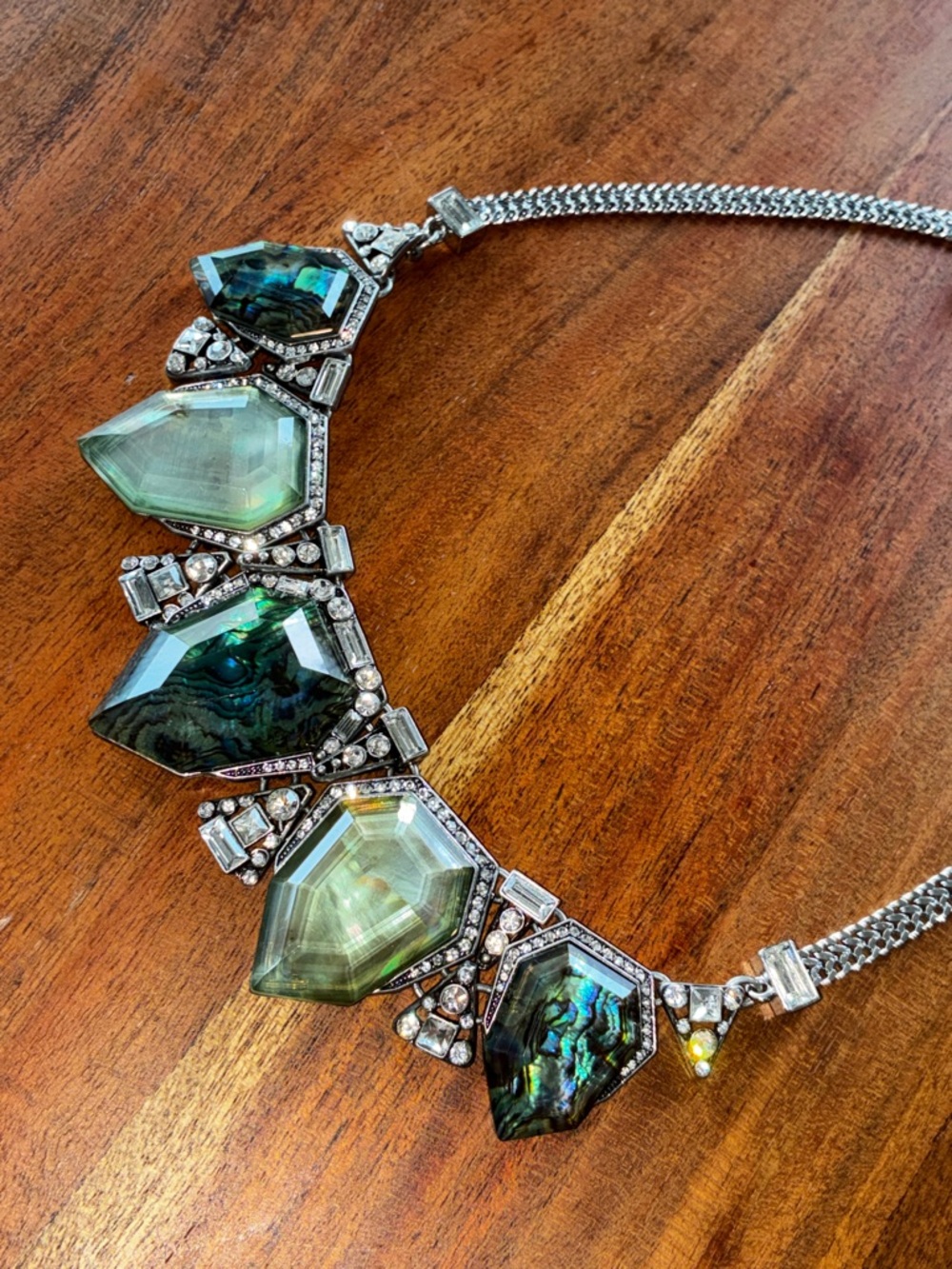 Chloe + Isabel Statement Bib Necklace Green Stone Abalone Style Crystal Silver - Picture 8 of 11